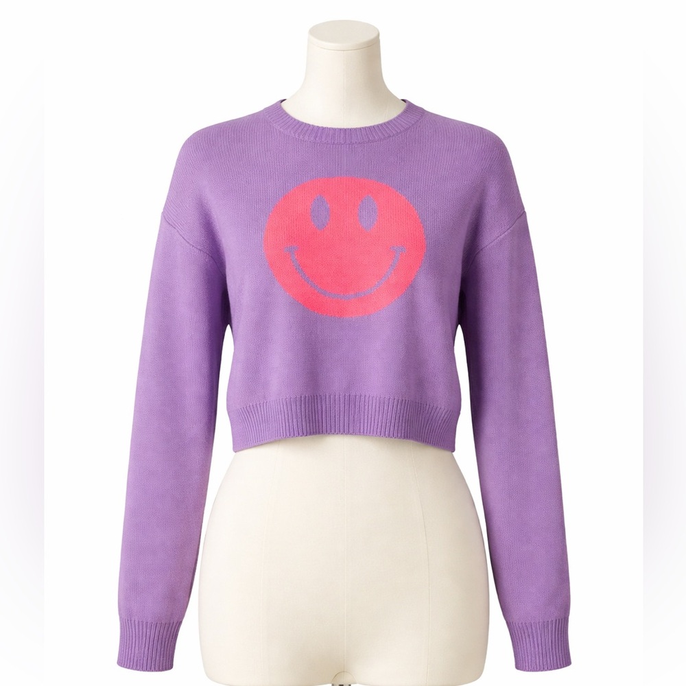 MAIN STRIP PURPLE PINK SMILEY FACE LONG SLEEVE SWEATER SIZE -SEE DESCRIPTION